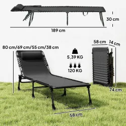 Tumbona Plegable Ajustable de 4 Posiciones con Sistema de Cordones para Exterior Marco Acero 189x58x30 cm Negro - Ogal.Es