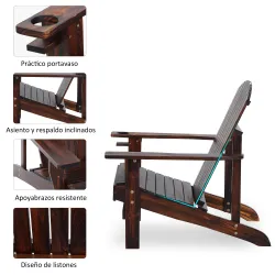 Silla Adirondack de Madera con Reposabrazos y Respaldo Alto para Terraza Balcón Exterior 72x95x93 cm Marrón - Ogal.Es