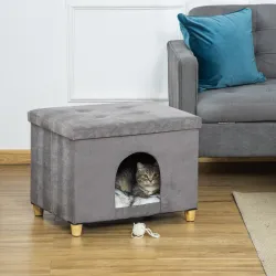 Cueva para Gatos 2 en 1 Taburete Reposapiés con Tapa Extraíble Orificio de Entrada Cojín Lavable y Patas Elevada... - Ogal.Es