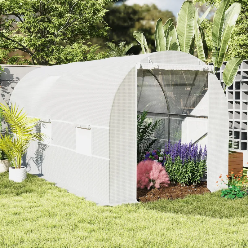 Invernadero de Túnel con Puerta Enrollable y 6 Ventanas para Cultivo Plantas Verduras 445x200x200 cm Blanco - Ogal.Es