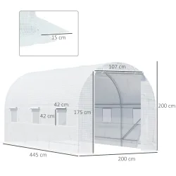 Invernadero de Túnel con Puerta Enrollable y 6 Ventanas para Cultivo Plantas Verduras 445x200x200 cm Blanco - Ogal.Es