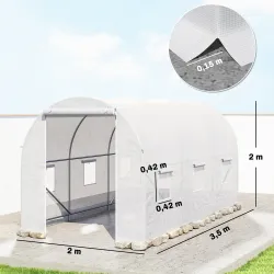 Invernadero de Túnel 3,5x2x2 m con 6 Ventanas de Malla y Puerta Enrollable con Cremallera Anti-UV Blanco - Ogal.Es