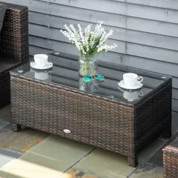 Mesa Exterior Terraza de Ratán Sintético Mesa Auxiliar con Vidrio Templado para Terraza Patio Balcón 85x50x39 cm... - Ogal.Es