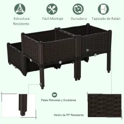 Juego de 4 Jardineras de Exterior Cuadradas Imitación a Mimbre Combinación Libre para Jardín Patio 40x40x26/44 c... - Ogal.Es