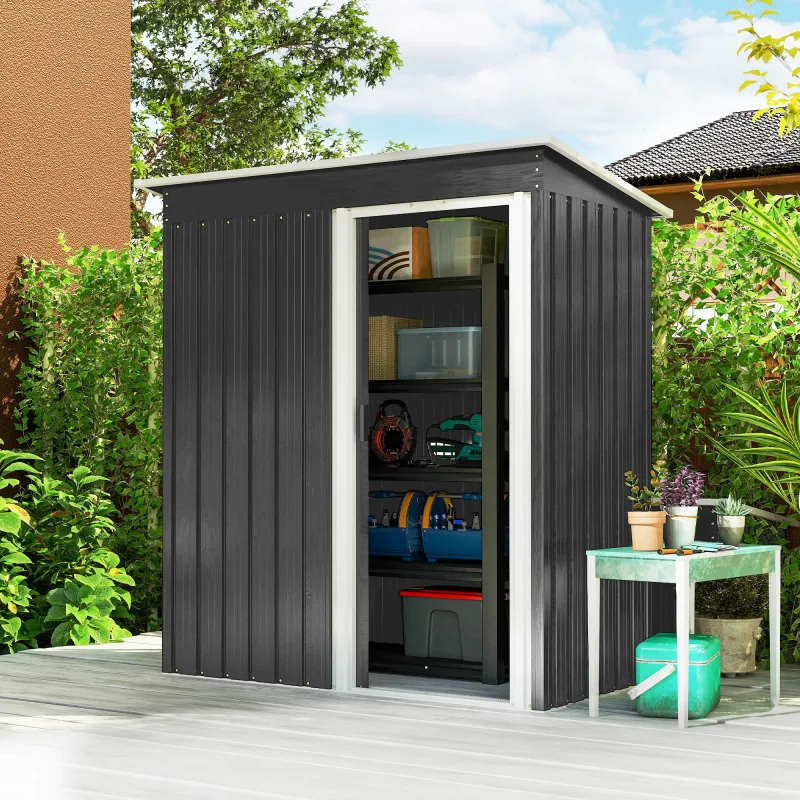 Cobertizo de Jardín Exterior 1,16 m² 163x89x182 cm Caseta Metálica con Puerta Corredera y Techo Inclinado Negro - Ogal.Es
