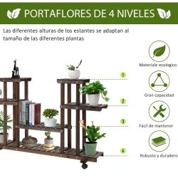 Soporte para Plantas de 4 Niveles con Ruedas Soporte para Macetas para Interiores y Exteriores 123,5x33x80 cm Ma... - Ogal.Es