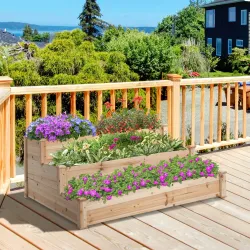 Jardinera Exterior Grande de Madera de 3 Niveles con Diseño de Escalera 120x120x56 cm Natural - Ogal.Es