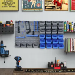 Estantería de Pared para Herramientas 54x95 cm con 28 Cajas Apilables y Diferentes Ganchos Gris y Azul - Ogal.Es