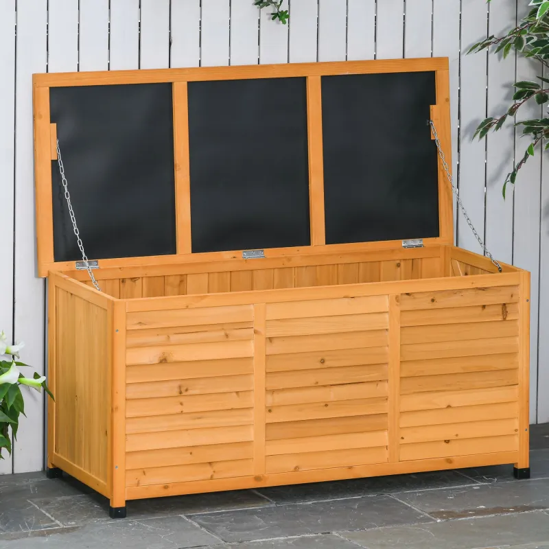 Baúl de Madera Exterior Caja de Almacenamiento de Jardín con Tapa Abrible y Diseño Persiana 127x56x60 cm Natural - Ogal.Es