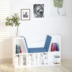Librería con Asiento Estantería de Libros con 6 Cubos Cojín para Sala de Estar Dormitorio 102x30x61cm Blanco y Azul - Ogal.Es