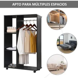 Armario Ropero con Ruedas Barra y Estantes para tener Ropa Colgada y Doblada 80x40x128 cm Negro - Ogal.Es
