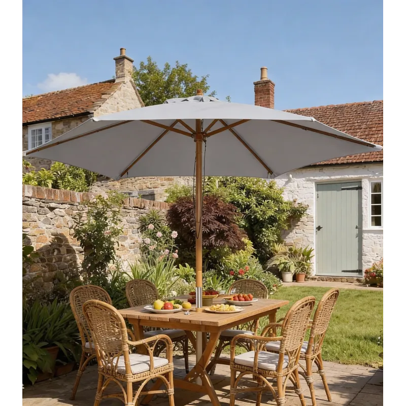 Sombrilla de Jardín Ø250x230 cm Parasol de Terraza con Marco de Madera 6 Varillas Sistema de Cuerda e Impermeabl... - Ogal.Es
