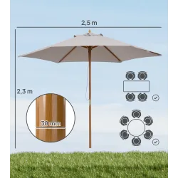 Sombrilla de Jardín Ø250x230 cm Parasol de Terraza con Marco de Madera 6 Varillas Sistema de Cuerda e Impermeabl... - Ogal.Es