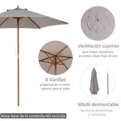 Sombrilla de Jardín Ø250x230 cm Parasol de Terraza con Marco de Madera 6 Varillas Sistema de Cuerda e Impermeabl... - Ogal.Es