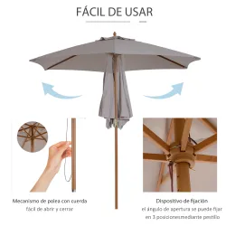 Sombrilla de Jardín Ø250x230 cm Parasol de Terraza con Marco de Madera 6 Varillas Sistema de Cuerda e Impermeabl... - Ogal.Es