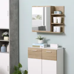 Armario con Espejo para Baño con 3 Estantes Abiertos y 1 Estante Interior Estilo Moderno 60x18x50 cm Natural - Ogal.Es