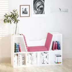 Librería con Asiento Estantería de Libros con 6 Cubos Cojín para Sala de Estar Dormitorio 102x30x61cm Blanco y Rosa - Ogal.Es