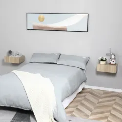 Set de 2 Mesitas de Noche Flotantes con 1 Cajón Diseño Montado en la Pared Estilo Moderno 40x30x15 cm Natural - Ogal.Es