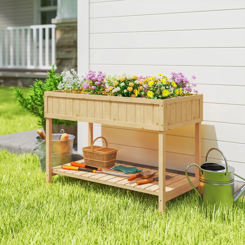 Huerto Urbano de Madera Mesa de Cultivo con Estante Inferior Jardinera Elevada para Cultivo 110x46x76 cm Natural - Ogal.Es
