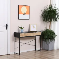 Mesa de Consola Estrecha con 2 Cajones Diseño de Líneas Talladas Estilo Moderna Negro y Roble - Ogal.Es