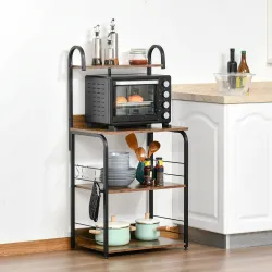 Estantería de Cocina de 4 Niveles con Ganchos Estantería para Microondas 60x40x125 cm Marrón Rústico y Negro - Ogal.Es