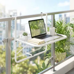 Mesa Colgante de Balcón con Brazo Regulable y Altura Ajustable en 3 Posiciones Marco Metálico 60x56x50 cm Blanco - Ogal.Es