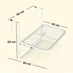 Mesa Colgante de Balcón con Brazo Regulable y Altura Ajustable en 3 Posiciones Marco Metálico 60x56x50 cm Blanco - Ogal.Es