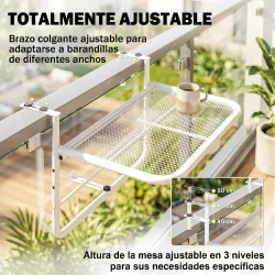 Mesa Colgante de Balcón con Brazo Regulable y Altura Ajustable en 3 Posiciones Marco Metálico 60x56x50 cm Blanco - Ogal.Es