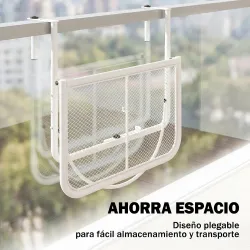 Mesa Colgante de Balcón con Brazo Regulable y Altura Ajustable en 3 Posiciones Marco Metálico 60x56x50 cm Blanco - Ogal.Es