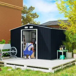 Cobertizo de Jardín 4,9 m² 277x195x192 cm con 2 Puertas Corredizas Base Refuerzo (Suelo NO Incluido) Gris Oscuro - Ogal.Es