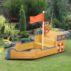 Arenero Infantil de Madera Diseño de Galeón con 2 Escalones Banco con Almacenaje Bandera y Timón Cajón de Arena - Ogal.Es