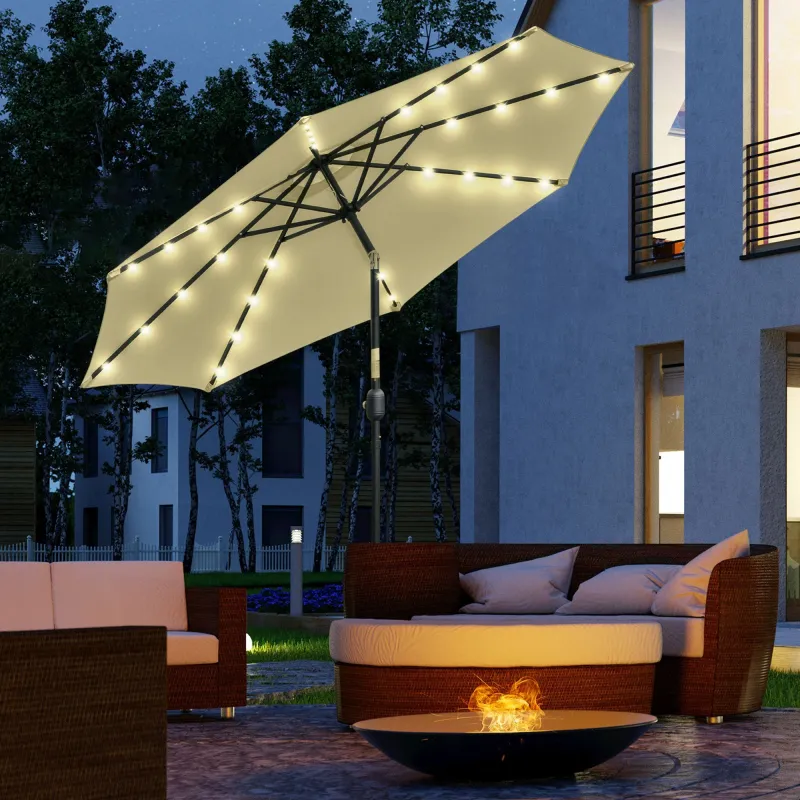 Sombrilla Terraza Exterior, Ø265 cm, Sombrilla de Jardín con 32 Luces LED Solares, Poste de Acero y Manivela de ... - Ogal.Es