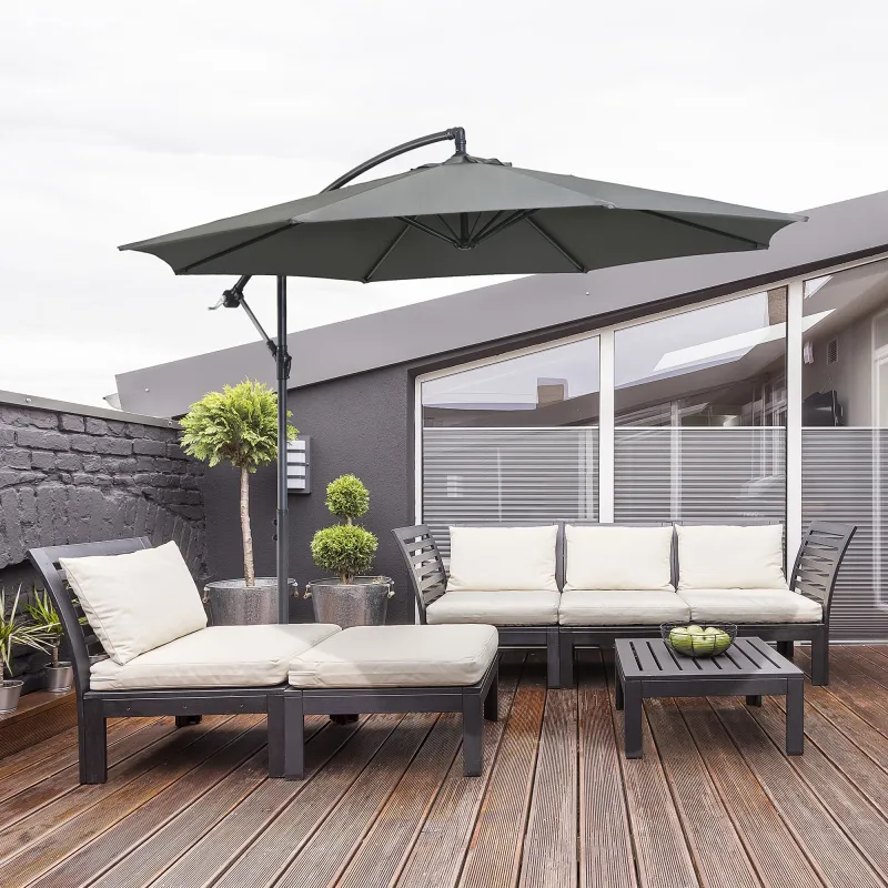 Sombrilla de Jardín Ø295 cm Parasol Excéntrico Inclinable con Manivela Base Cruzada y Soporte de Acero Gris - Ogal.Es