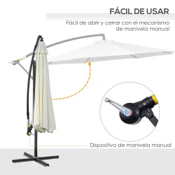 Sombrilla de Jardín 295 cm Parasol Excéntrico Inclinable con Manivela Base Cruzada y Soporte de Acero Crema - Ogal.Es