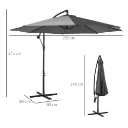 Sombrilla de Jardín Ø295 cm Parasol Excéntrico Inclinable con Manivela Base Cruzada y Soporte de Acero Gris - Ogal.Es