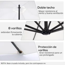 Sombrilla de Jardín 295 cm Parasol Excéntrico Inclinable con Manivela Base Cruzada y Soporte de Acero Crema - Ogal.Es