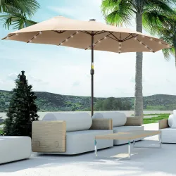 Sombrilla Doble 450x265x240 cm con 48 Luces LED Manivela Protección Solar para Terraza Balcón Piscina Caqui - Ogal.Es