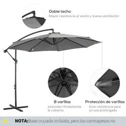 Sombrilla de Jardín Ø295 cm Parasol Excéntrico Inclinable con Manivela Base Cruzada y Soporte de Acero Gris - Ogal.Es