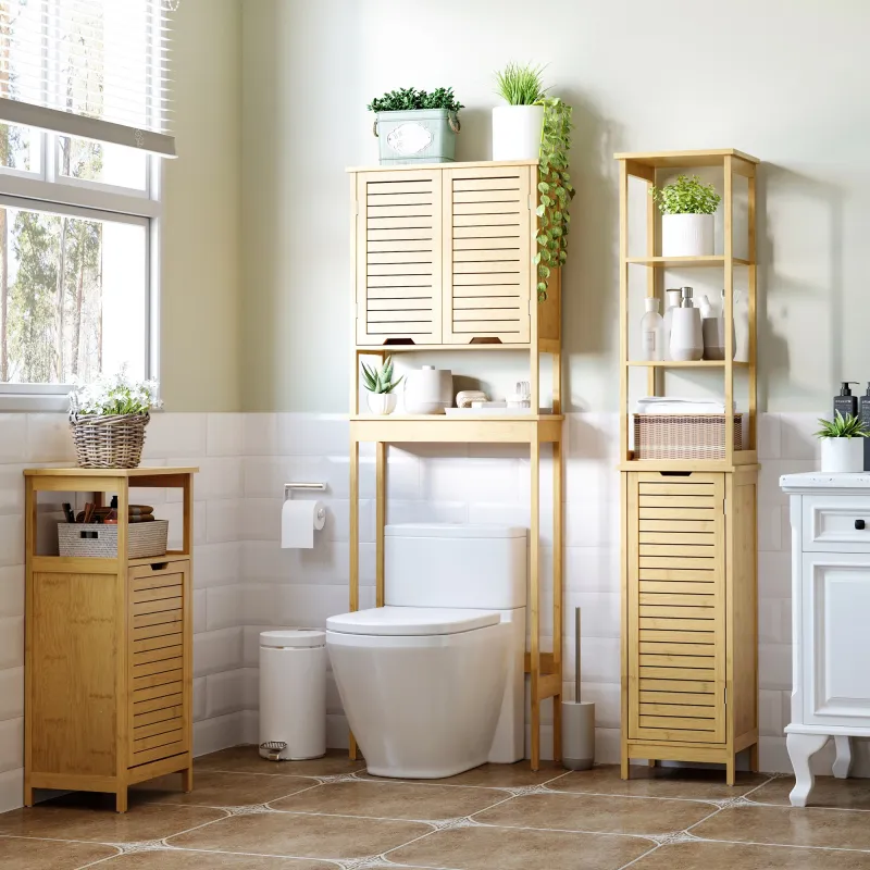 Mueble Auxiliar de Baño de Bambú Armario para Baño con 2 Estantes y 1 Cajón de Tela Extraíble Mueble de Almacena... - Ogal.Es
