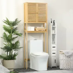 Mueble de Bambú sobre Inodoro Armario Alto para Lavadora con 2 Puertas 1 Balda Interior y 1 Estante de Almacenaj... - Ogal.Es