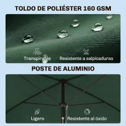 Sombrilla de Terraza de Aluminio 2x1,3x2,5 m Parasol de Jardín Rectangular con Función de Inclinación Verde - Ogal.Es