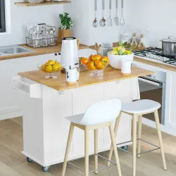 Isla de Cocina con Ruedas Carrito de Servicio con Encimera Extensible Cajones Barra y Especiero 128,8x75,5x92,5 ... - Ogal.Es