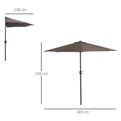 Sombrilla 269x138x236 cm Parasol de Jardín con Manivela y Forma Semicircular Tela Poliéster 180 g/m² para Exteri... - Ogal.Es