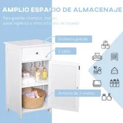 Armario de Baño con 1 Cajón 1 Puerta y Estante Ajustable Interior Mueble Auxiliar de Almacenaje 43x34x77 cm Blanco - Ogal.Es