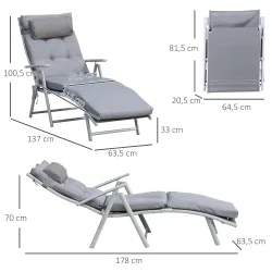 Tumbona Plegable de Jardín con Respaldo Ajustable en 7 Posiciones Cojín Cuerpo Entero y Cabeza 137x63,5x100,5 cm... - Ogal.Es