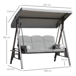 Columpio de Jardín de 3 Plazas con Estructura Metálica Toldo y Bandeja para Bebidas para Exterior 116x206x183 cm... - Ogal.Es