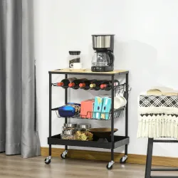 Carro de Cocina con Ruedas Carrito de Servicio Multiuso con Botellero Cesta Extraíble Bandeja 60,5x35,5x75 cm Negro - Ogal.Es