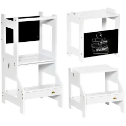 Torre de Aprendizaje 2 en 1 Convertible en Escritorio con Pizarra y Barra de Seguridad 42x44x86 cm Blanco - Ogal.Es