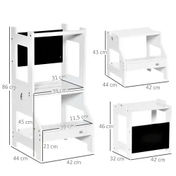 Torre de Aprendizaje 2 en 1 Convertible en Escritorio con Pizarra y Barra de Seguridad 42x44x86 cm Blanco - Ogal.Es