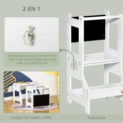 Torre de Aprendizaje 2 en 1 Convertible en Escritorio con Pizarra y Barra de Seguridad 42x44x86 cm Blanco - Ogal.Es